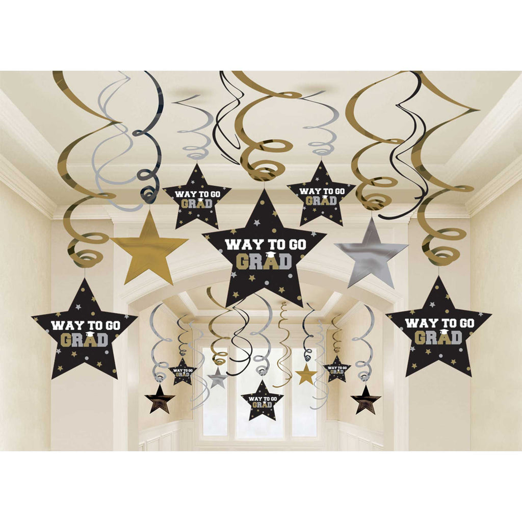 Graduation mega pack of spiral hanging decorations in black, gold and silver 