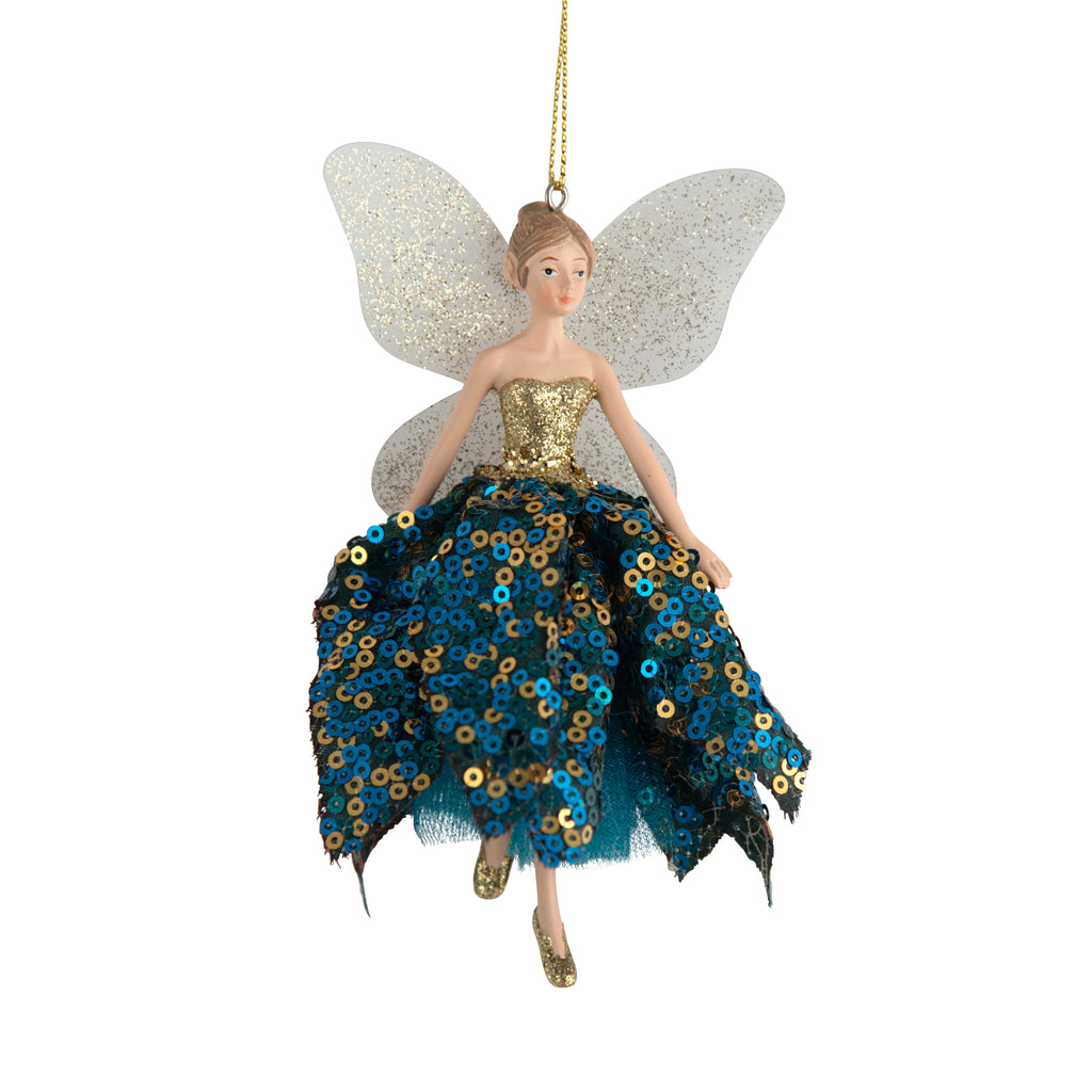 Blue and Gold hanging fairy ornament - Christmas tree decoration