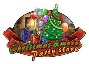 Christmas and more party store logo including Christmas tree and party decorations 