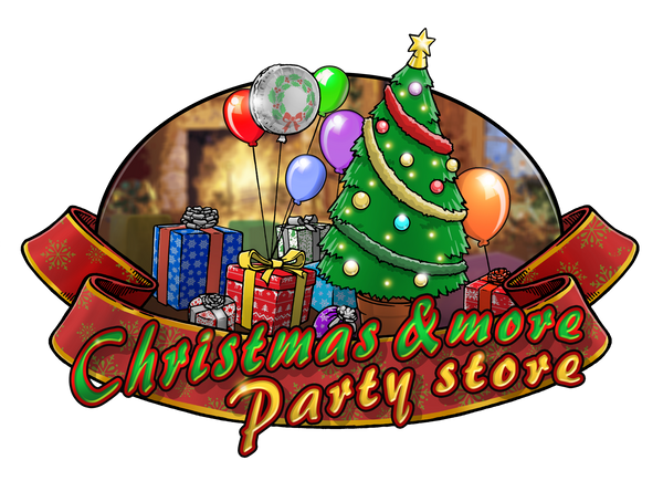 Christmas and more party store logo including Christmas tree and party decorations 