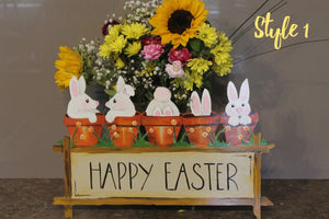 Timber Happy Easter sign with cute little bunnies in flower pots