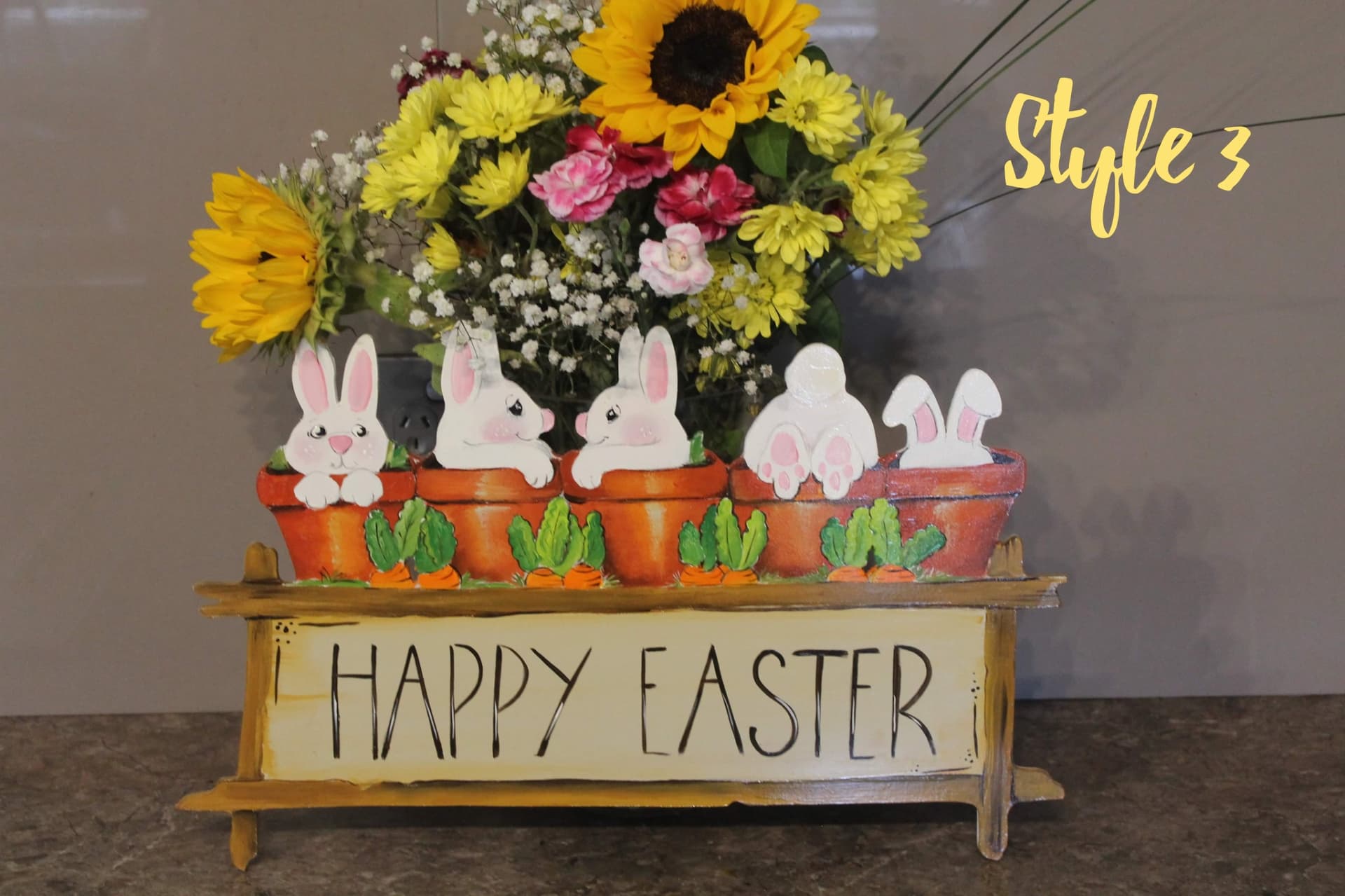 Timber Happy Easter sign with cute little bunnies in flower pots