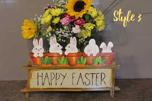 Timber Happy Easter sign with cute little bunnies in flower pots