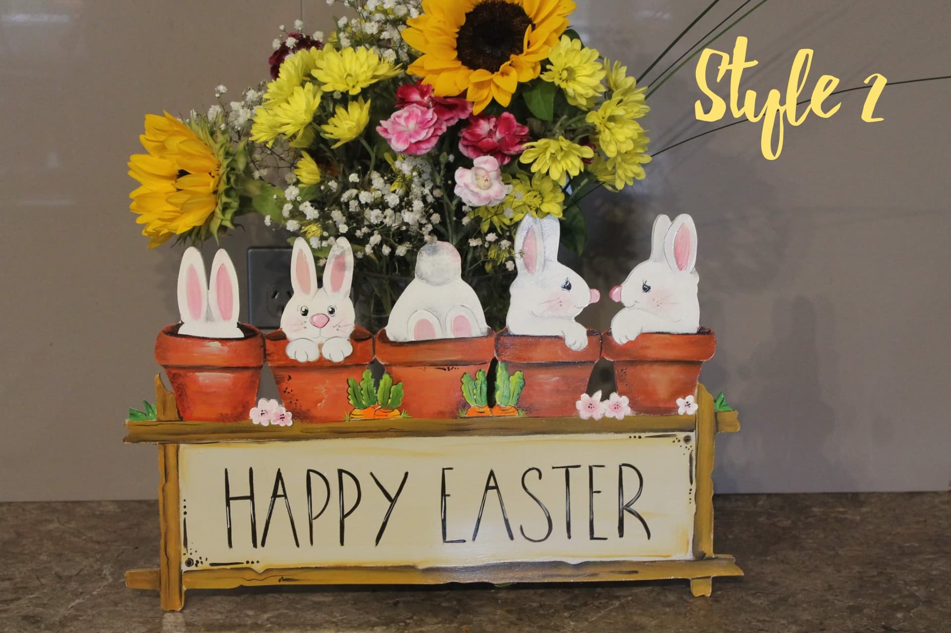Timber Happy Easter sign with cute little bunnies in flower pots