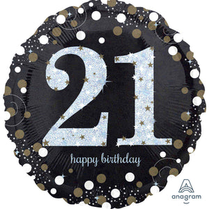21st birthday party foil balloon in black, gold and silver 