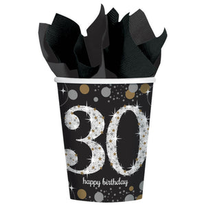 Sparkling celebrations black, gold and silver - happy 30th birthday- paper cups