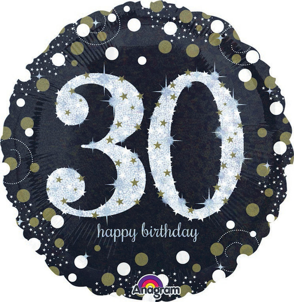 Sparkling celebrations black, gold and silver - happy 30th birthday- round foil balloon 