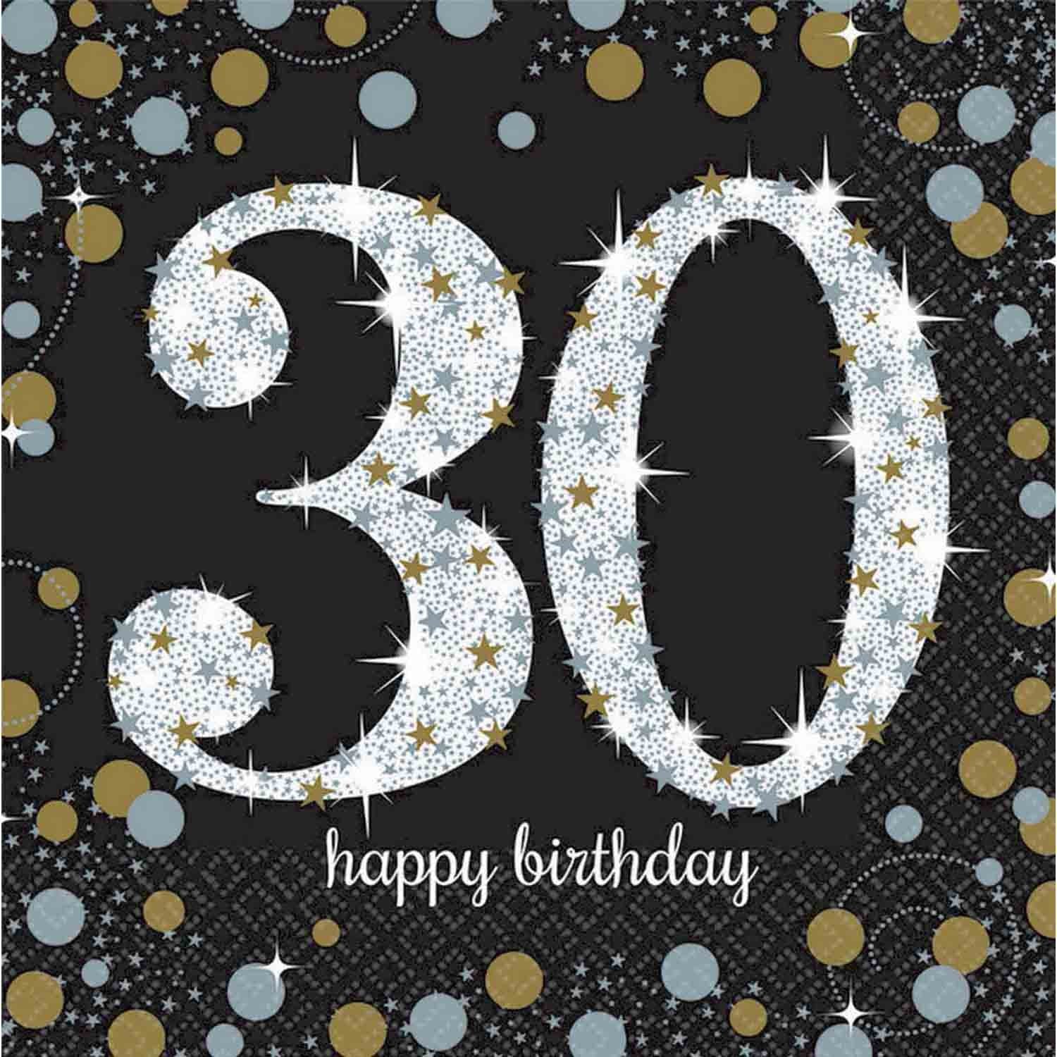 Sparkling celebrations black, gold and silver - happy 30th birthday- napkins