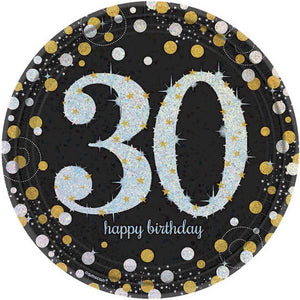 Sparkling celebrations black, gold and silver - happy 30th birthday- paper plates