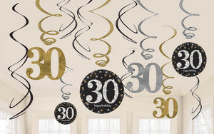 Sparkling celebrations black, gold and silver - happy 30th birthday- hanging swirl decorations 