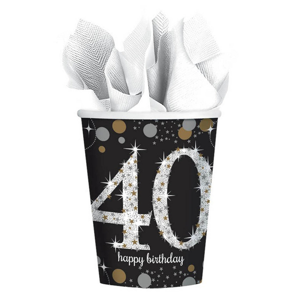 40th birthday party cups in black, silver and gold