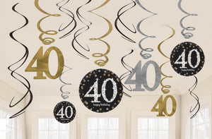 40th birthday swirl party decorations in gold, silver and black 