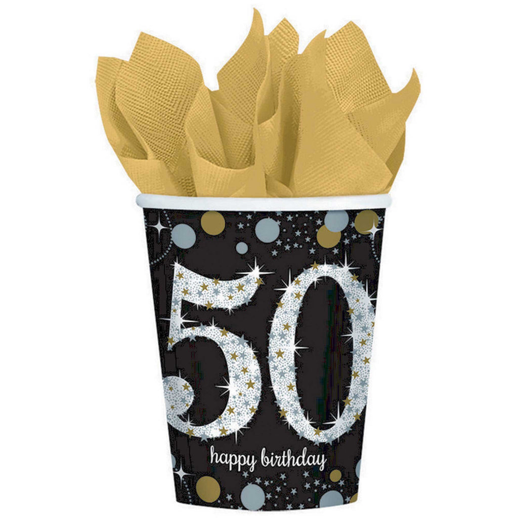 50th birthday party cups in black, silver and gold