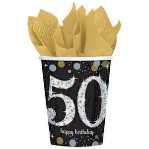 50th birthday party cups in black, silver and gold