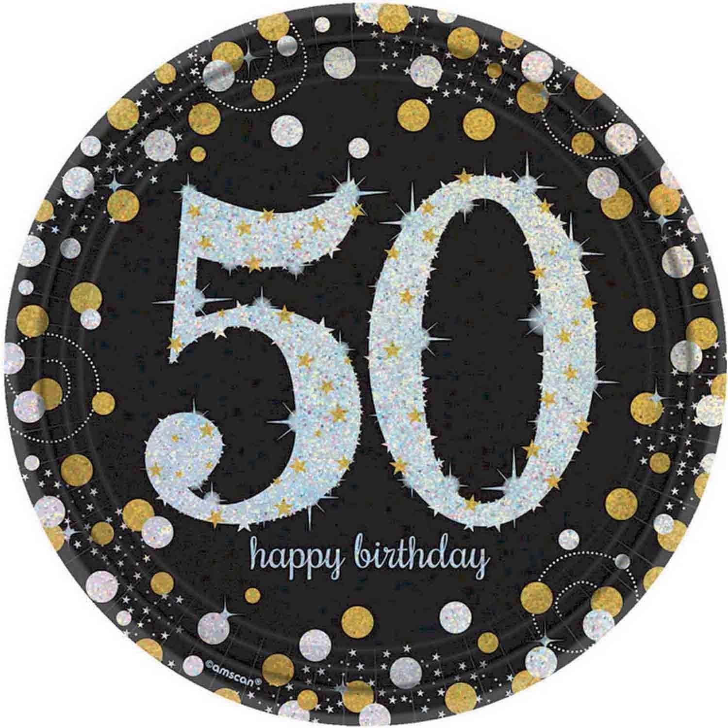 50th birthday party plates in black, gold and silver
