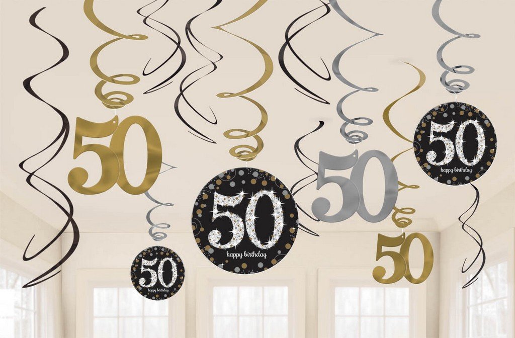 50th birthday party swirl decorations in black, silver and gold