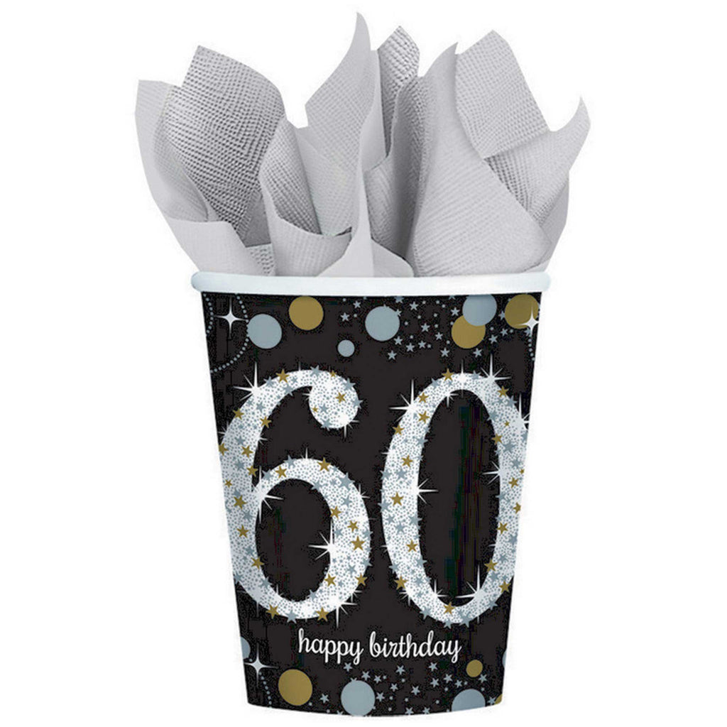 60th birthday party paper cups in black, gold and silver 