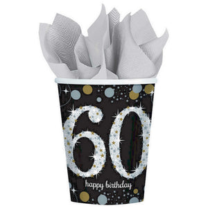 60th birthday party paper cups in black, gold and silver 
