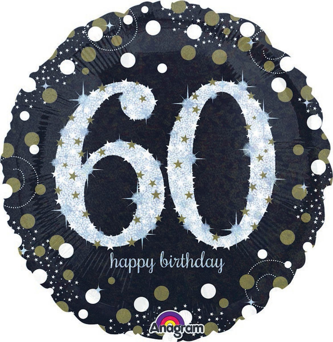 60th birthday party round foil balloon in black, silver and gold. 
