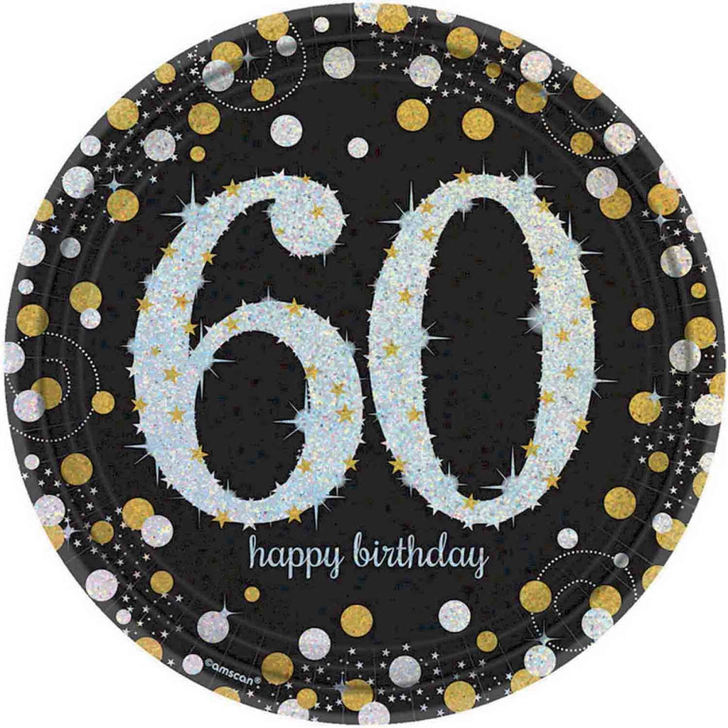 60th birthday party round plates in black, gold and silver 