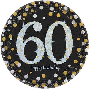 60th birthday party round plates in black, gold and silver 
