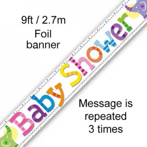 Baby shower banner. Decorated with the words "baby shower" in multicoloured writing and has little elephants at each end of the  words