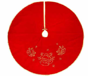 Luxurious red tree skirt with bells. 