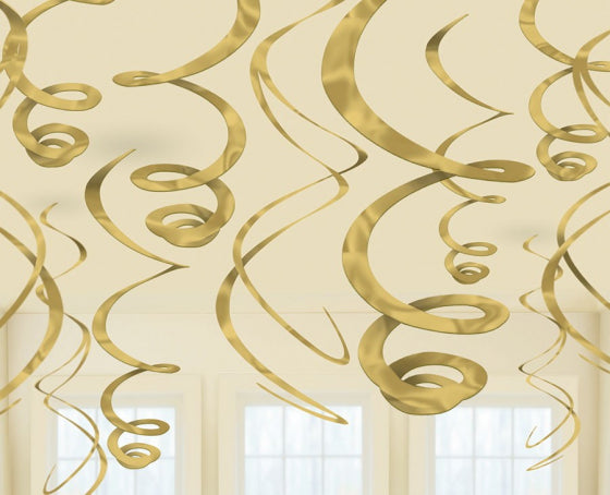 Solid Gold coloured party supplies- hanging spiral decorations 