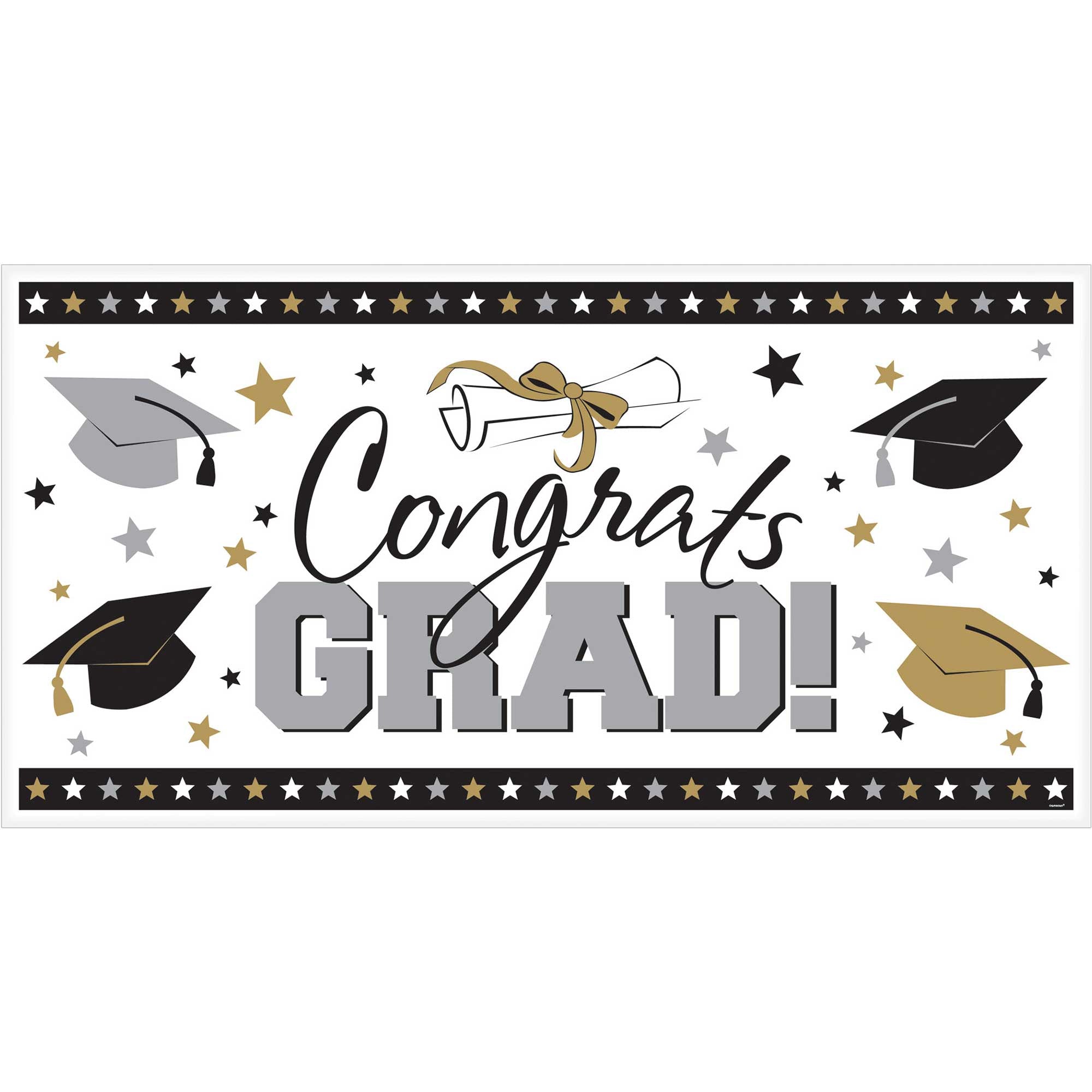 large graduation banner. Mainly white with black, gold and silver 