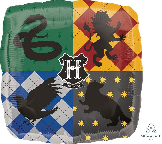 Harry potter square foil party balloon featuring pictures that represent the 4 houses at hogwarts