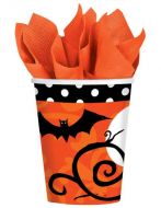 Halloween decorations- frightfully fancy 18 pack of paper cups. Mainly orange with some back and white details 