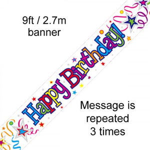 Happy birthday foil banner - white background with multicoloured letters and stars 