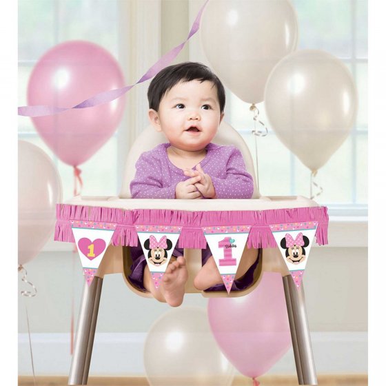Minnie Mouse first birthday party decorations- fun to be one - highchair decorations