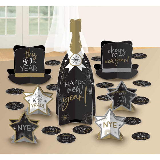 New Years Eve party decorations - table decorating kit 7 pieces plus confetti in gold, black and silver