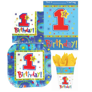 1st birthday blue pack. Pack contains plates, cups, napkins and loot bags. 