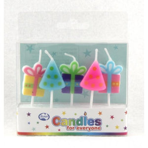 5 piece party time candle set with candles in the shape of party hats and gift boxes