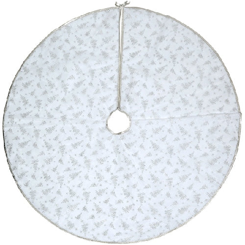 Beautiful luxury tree skirt. white with silver tree decorations 