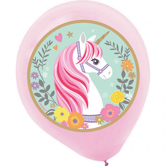   Magical Unicorn party supplies - Pink latex balloons with large unicorn picture