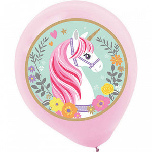   Magical Unicorn party supplies - Pink latex balloons with large unicorn picture