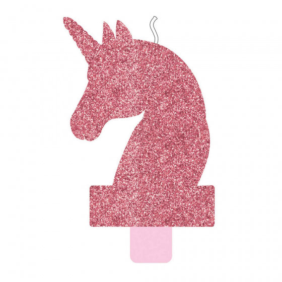 Magical Unicorn party supplies - Large pink glitter Unicorn head shaped candle