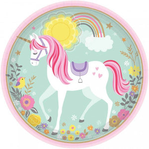 Magical Unicorn party supplies - plates featuring a picture of a unicorn surrounded by pretty little flowers