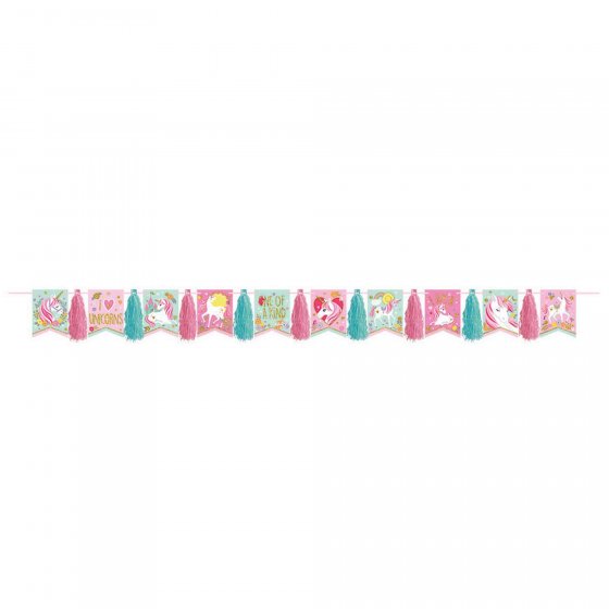 Unicorn pennant garland with pink and green tassels