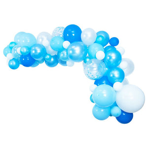 Beautiful blue multi tone coloured DIY balloon garland kit - example of assembled garland