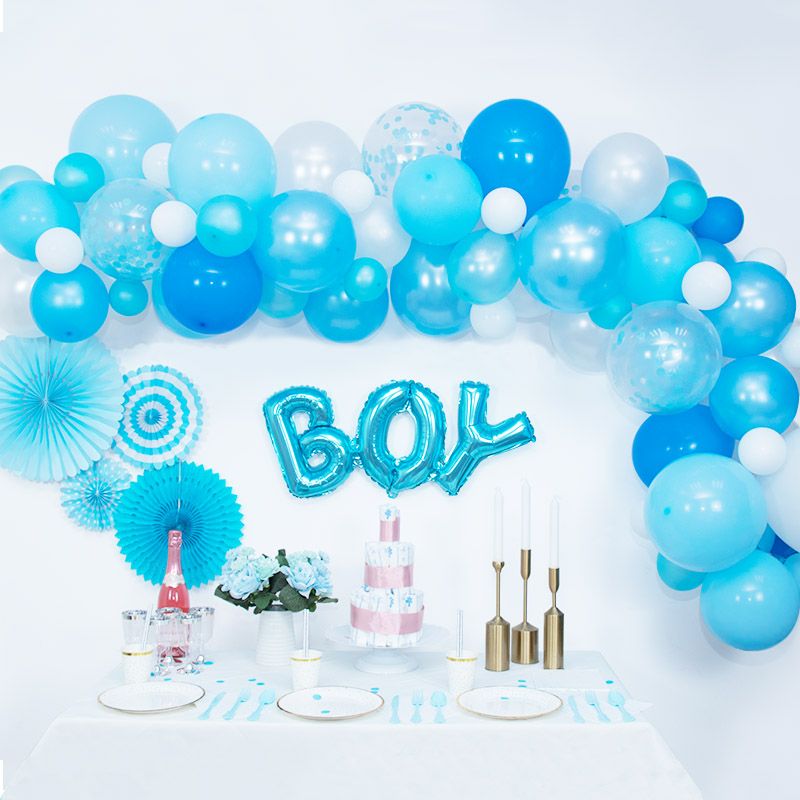 Beautiful blue multi tone coloured DIY balloon garland kit - example of set up