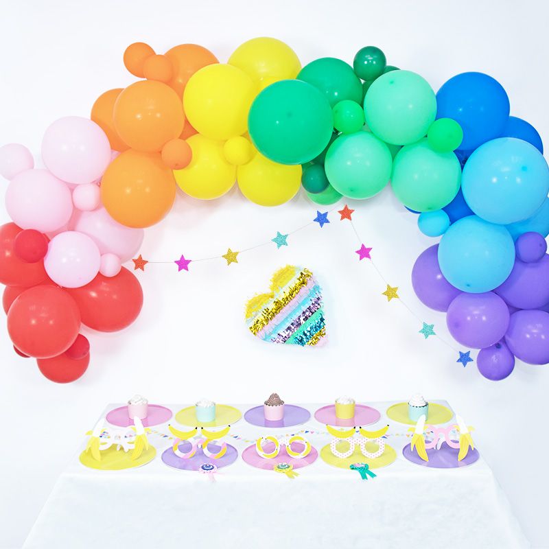 Beautiful rainbow multi coloured DIY balloon garland kit - example of garland set up