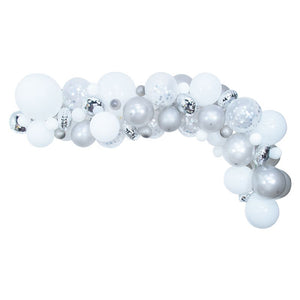 Beautiful silver and white coloured DIY balloon garland kit - example of assembled kit 