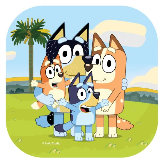 Bluey party supplies - 7in - great for cake. Square plate decorated with a picture of Bluey and his family.
