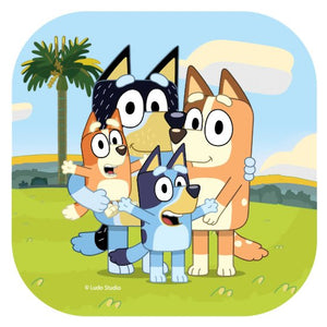 Bluey party supplies - 7in - great for cake. Square plate decorated with a picture of Bluey and his family.