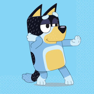 Bluey party supplies - beverage sized napkins, great for cake time. Blue in colour with a dancing Bluey 