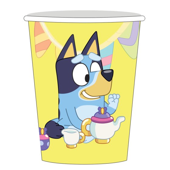 Bluey party supplies - paper cups with a picture of bluey 